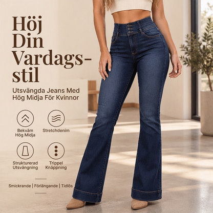 Elastiska jeans med hög midja och utsvängda ben för damer