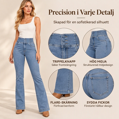 Elastiska jeans med hög midja och utsvängda ben för damer
