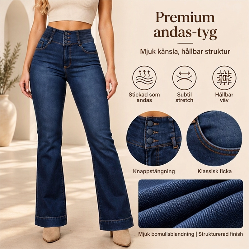 Elastiska jeans med hög midja och utsvängda ben för damer