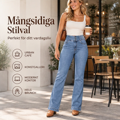 Elastiska jeans med hög midja och utsvängda ben för damer