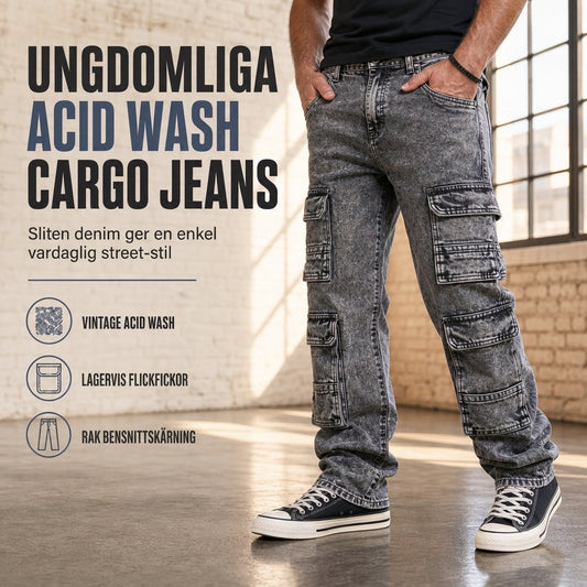 💞Högst betyg + 50 % rabatt!💞 Cargo-jeans i retrotvätt med vida ben, Y2K-inspirerade high-street-jeans med fickor
