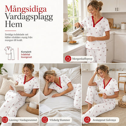 🌟Bästsäljare till nedsatt pris! Endast den här veckan!🌟 Pyjamas-set med tryck för damer, kortärmad överdel och långbyxor
