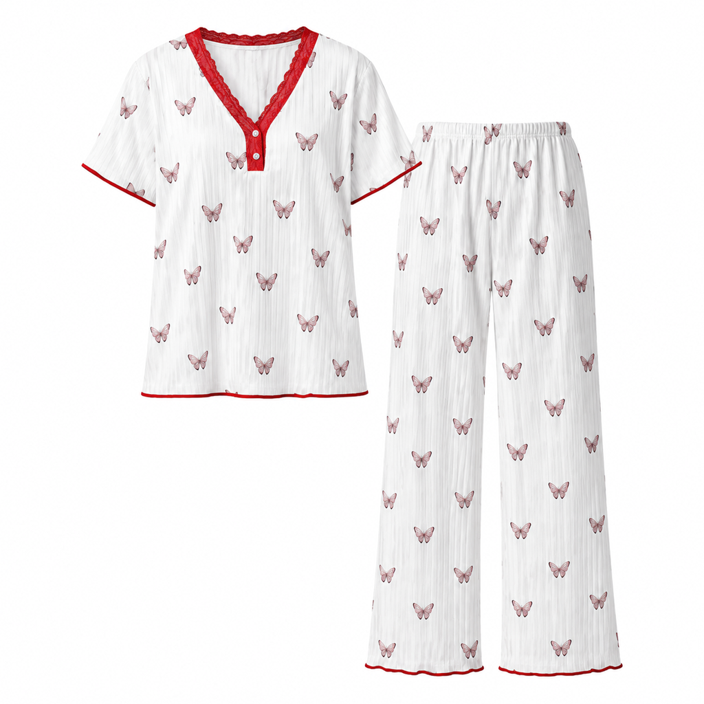 🌟Bästsäljare till nedsatt pris! Endast den här veckan!🌟 Pyjamas-set med tryck för damer, kortärmad överdel och långbyxor