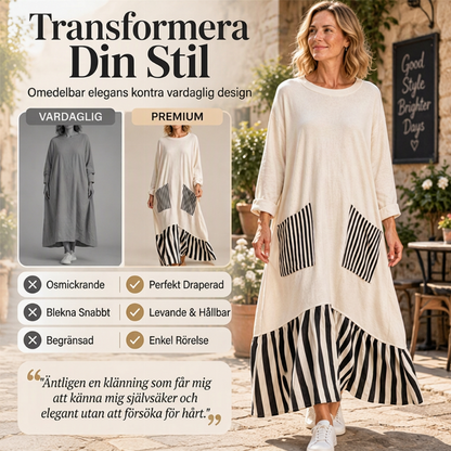 🌿50 % RABATT ✨Lång maxiklänning med långa ärmar i patchwork med ränder för damer