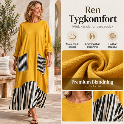 🌿50 % RABATT ✨Lång maxiklänning med långa ärmar i patchwork med ränder för damer