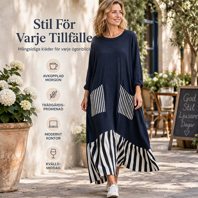 🌿50 % RABATT ✨Lång maxiklänning med långa ärmar i patchwork med ränder för damer