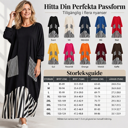 🌿50 % RABATT ✨Lång maxiklänning med långa ärmar i patchwork med ränder för damer