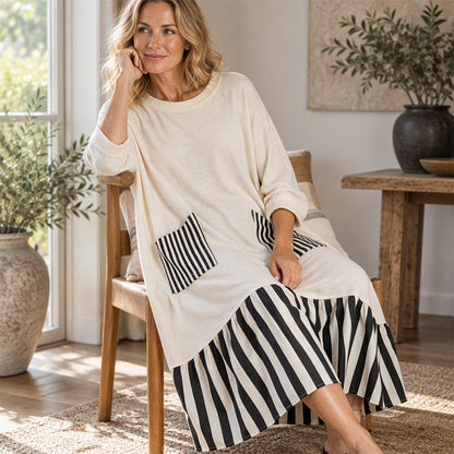 🌿50 % RABATT ✨Lång maxiklänning med långa ärmar i patchwork med ränder för damer