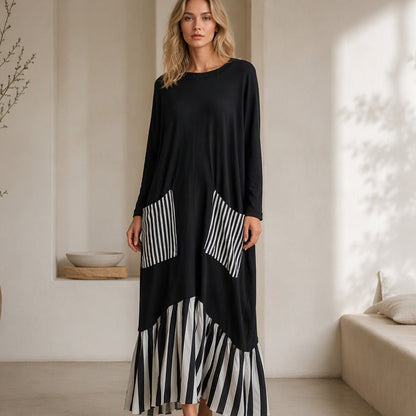 🌿50 % RABATT ✨Lång maxiklänning med långa ärmar i patchwork med ränder för damer