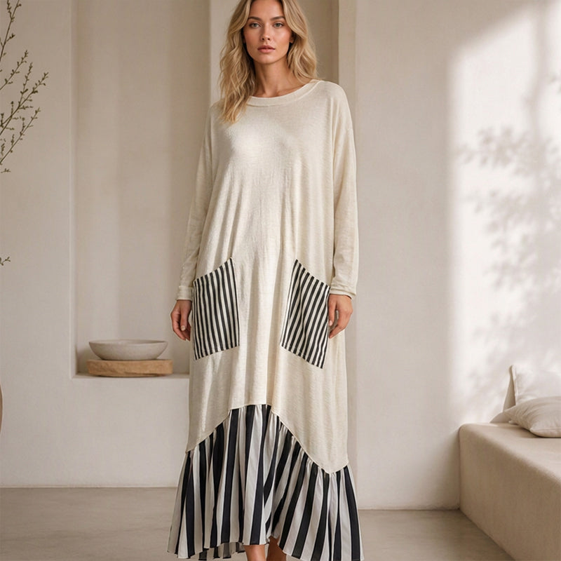 🌿50 % RABATT ✨Lång maxiklänning med långa ärmar i patchwork med ränder för damer