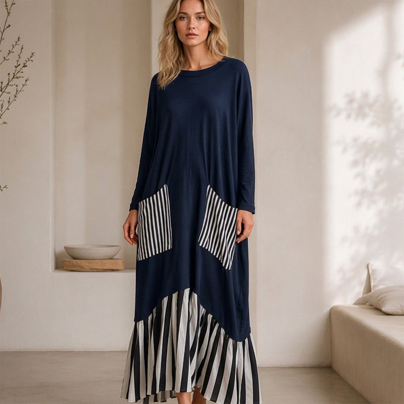 🌿50 % RABATT ✨Lång maxiklänning med långa ärmar i patchwork med ränder för damer