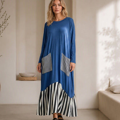 🌿50 % RABATT ✨Lång maxiklänning med långa ärmar i patchwork med ränder för damer
