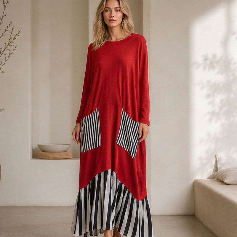 🌿50 % RABATT ✨Lång maxiklänning med långa ärmar i patchwork med ränder för damer