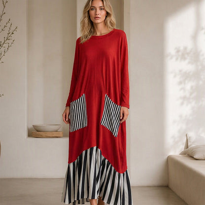 🌿50 % RABATT ✨Lång maxiklänning med långa ärmar i patchwork med ränder för damer