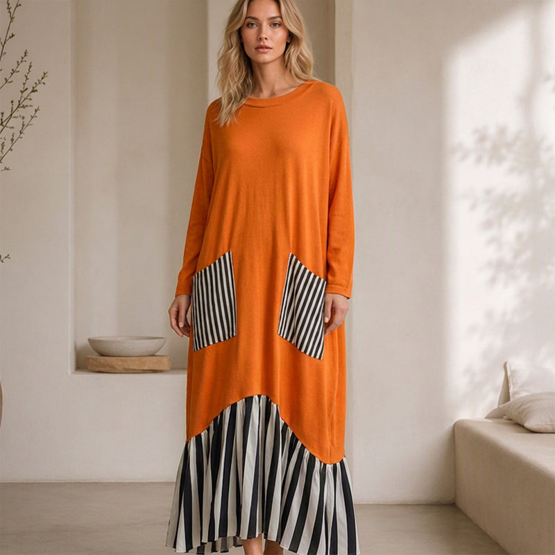 🌿50 % RABATT ✨Lång maxiklänning med långa ärmar i patchwork med ränder för damer