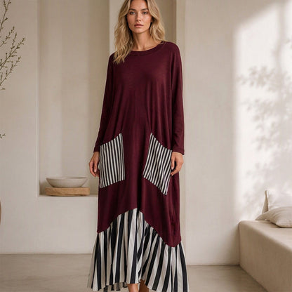 🌿50 % RABATT ✨Lång maxiklänning med långa ärmar i patchwork med ränder för damer