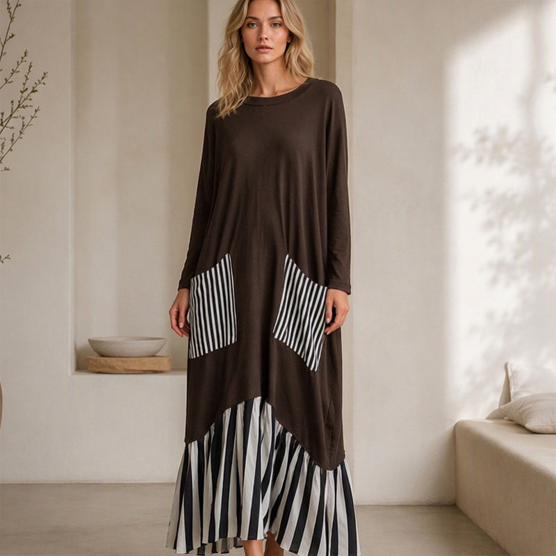 🌿50 % RABATT ✨Lång maxiklänning med långa ärmar i patchwork med ränder för damer