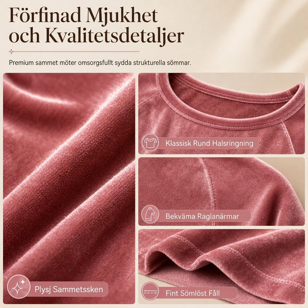 Kvinnlig avslappnad sammetklänning med rund halsringning och fickor