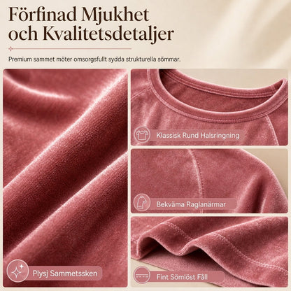 Kvinnlig avslappnad sammetklänning med rund halsringning och fickor
