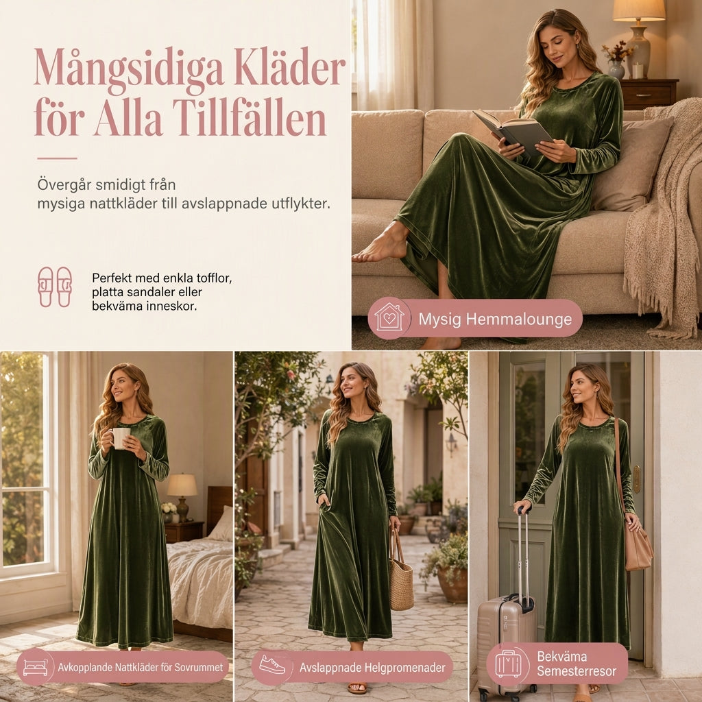 Kvinnlig avslappnad sammetklänning med rund halsringning och fickor