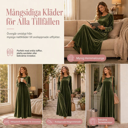 Kvinnlig avslappnad sammetklänning med rund halsringning och fickor