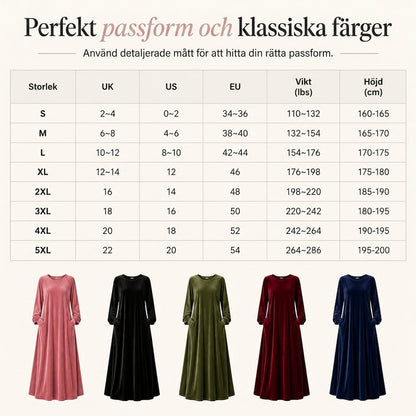 Kvinnlig avslappnad sammetklänning med rund halsringning och fickor