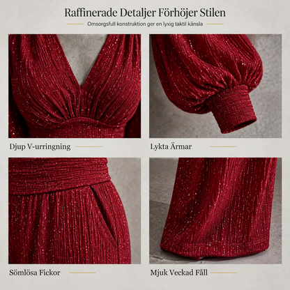 Tvådelad outfit för kvinnor höst vinter djup v-ringad krage lanternärmad plisserad topp och byxor med vida ben med fickor
