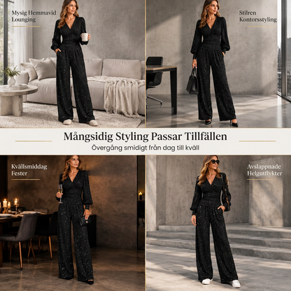 Tvådelad outfit för kvinnor höst vinter djup v-ringad krage lanternärmad plisserad topp och byxor med vida ben med fickor