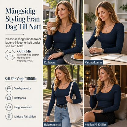 😍T-shirt för kvinnor med fyrkantig halsringning, långa ärmar, ribbad stickning och slim fit-passform