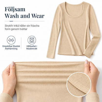 😍T-shirt för kvinnor med fyrkantig halsringning, långa ärmar, ribbad stickning och slim fit-passform