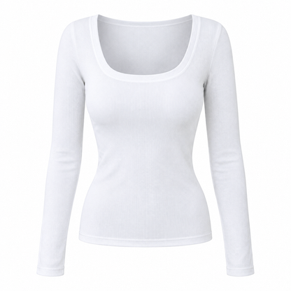 😍T-shirt för kvinnor med fyrkantig halsringning, långa ärmar, ribbad stickning och slim fit-passform