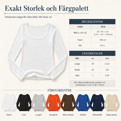 😍T-shirt för kvinnor med fyrkantig halsringning, långa ärmar, ribbad stickning och slim fit-passform