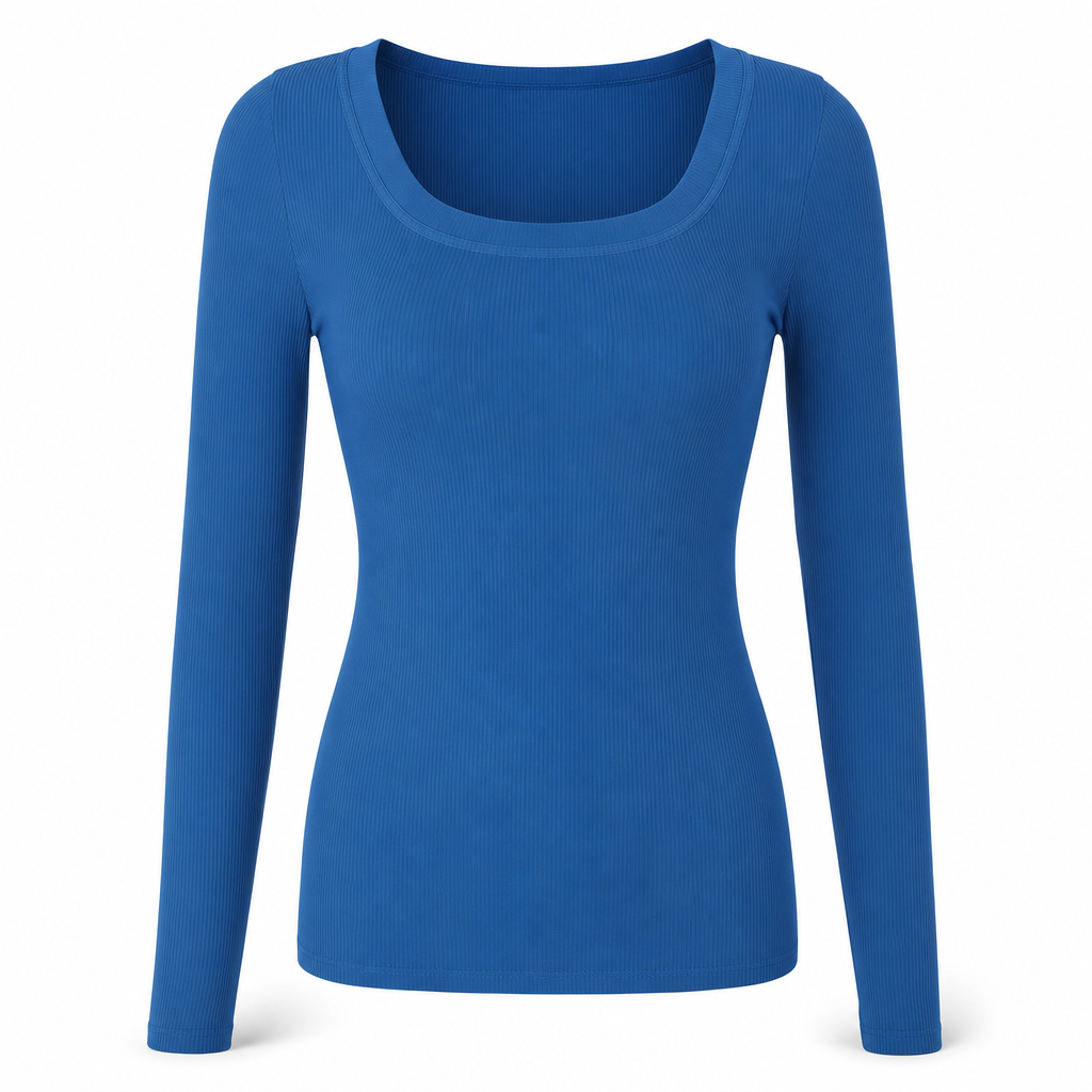 😍T-shirt för kvinnor med fyrkantig halsringning, långa ärmar, ribbad stickning och slim fit-passform
