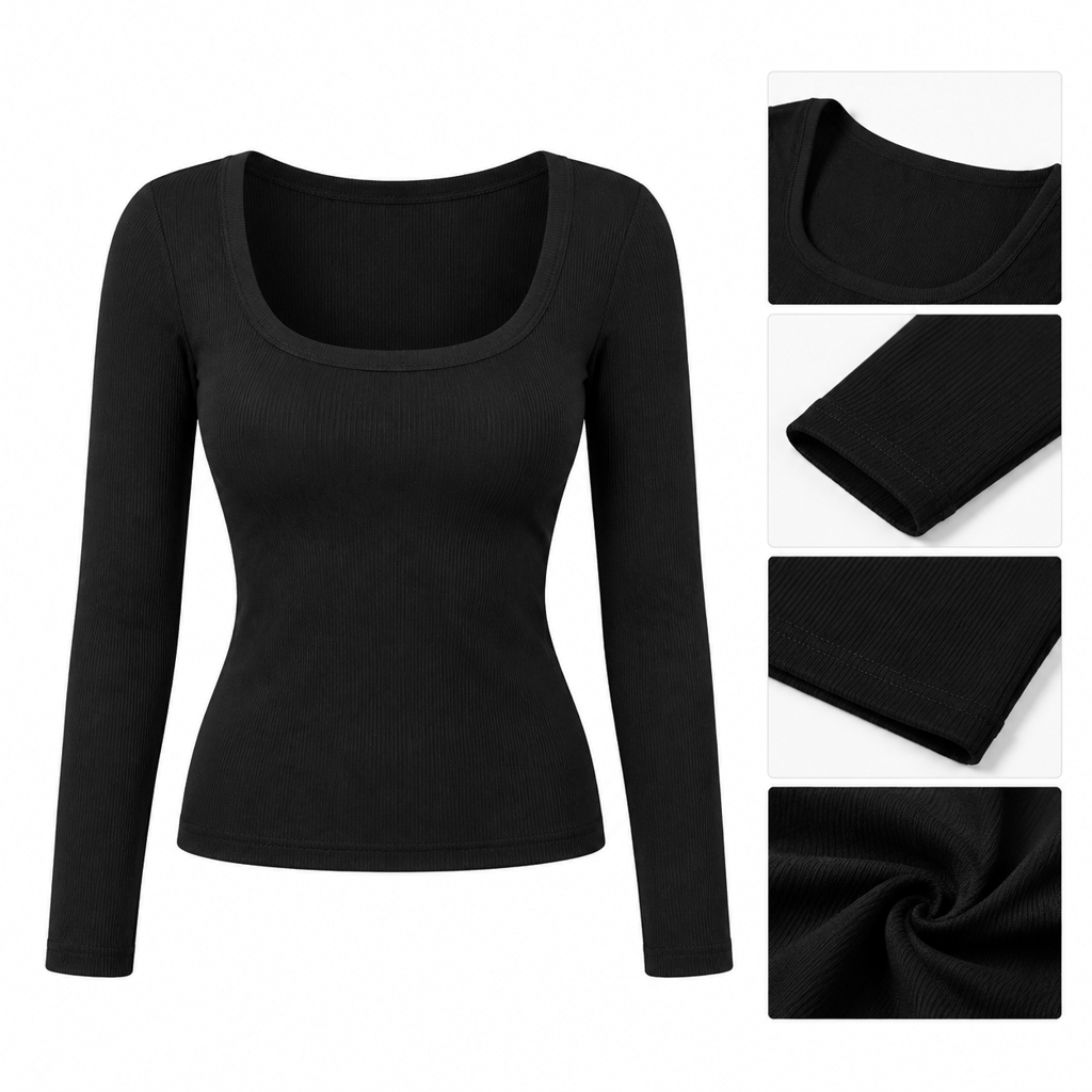 😍T-shirt för kvinnor med fyrkantig halsringning, långa ärmar, ribbad stickning och slim fit-passform