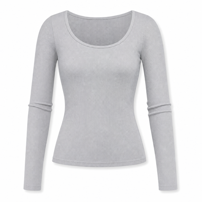 😍T-shirt för kvinnor med fyrkantig halsringning, långa ärmar, ribbad stickning och slim fit-passform