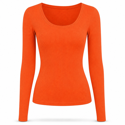 😍T-shirt för kvinnor med fyrkantig halsringning, långa ärmar, ribbad stickning och slim fit-passform