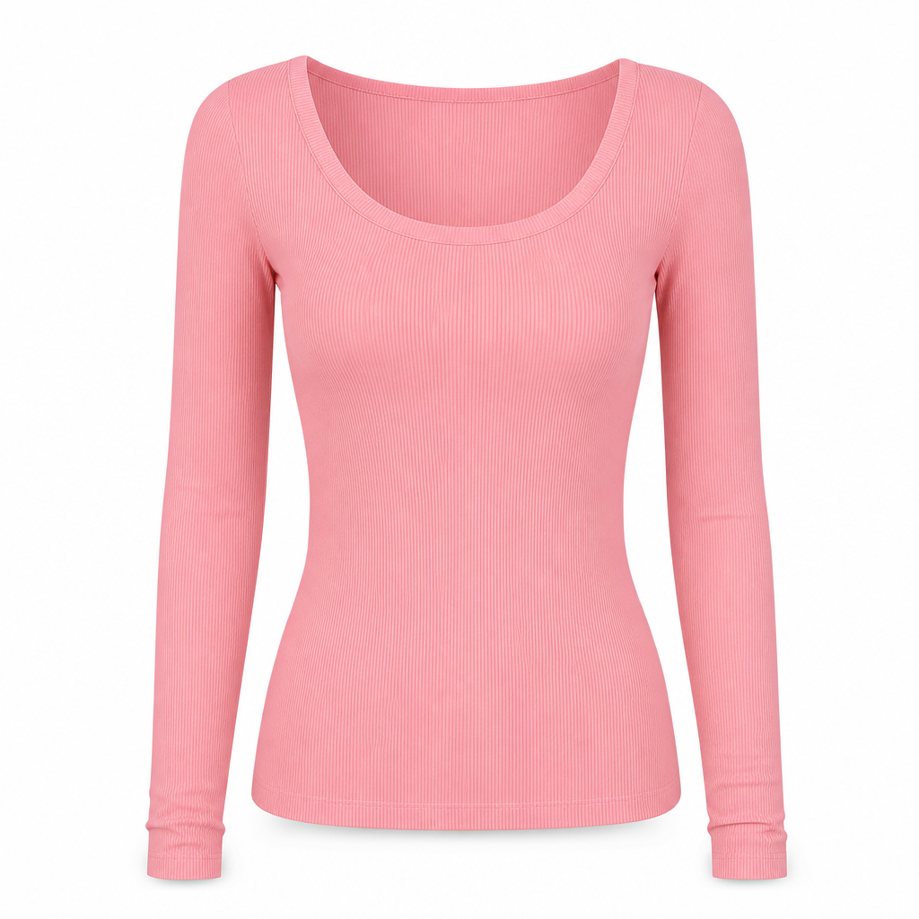 😍T-shirt för kvinnor med fyrkantig halsringning, långa ärmar, ribbad stickning och slim fit-passform