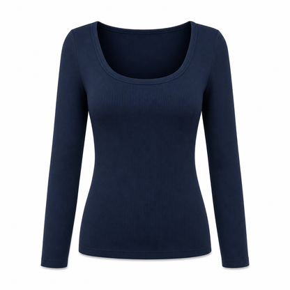 😍T-shirt för kvinnor med fyrkantig halsringning, långa ärmar, ribbad stickning och slim fit-passform