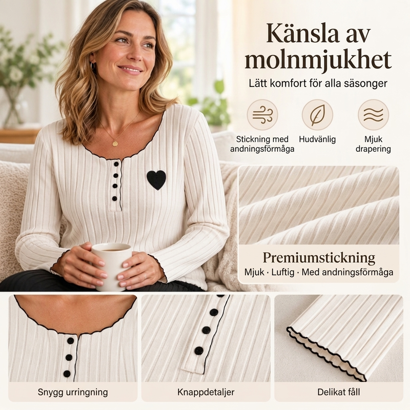 📢🎉50 % rabatt!!!🛍️✨Pyjamas-set med ribbad tröja för damer med hjärtbroderi