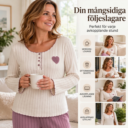 📢🎉50 % rabatt!!!🛍️✨Pyjamas-set med ribbad tröja för damer med hjärtbroderi