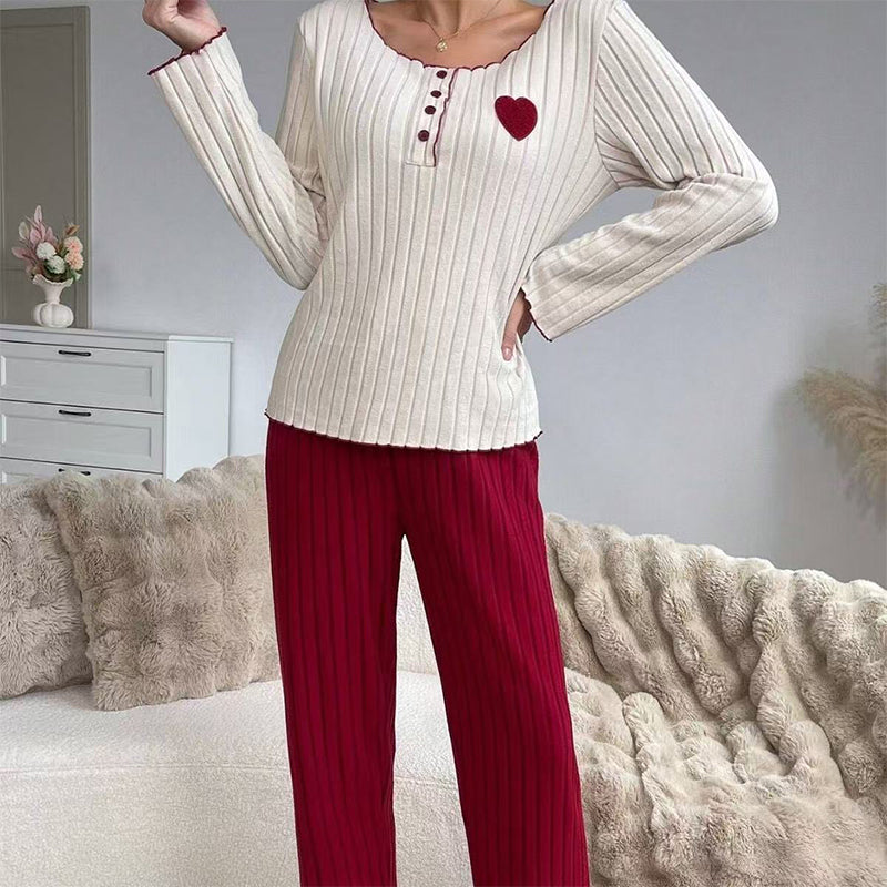 📢🎉50 % rabatt!!!🛍️✨Pyjamas-set med ribbad tröja för damer med hjärtbroderi