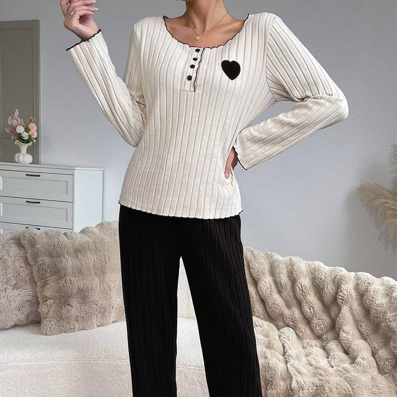 📢🎉50 % rabatt!!!🛍️✨Pyjamas-set med ribbad tröja för damer med hjärtbroderi