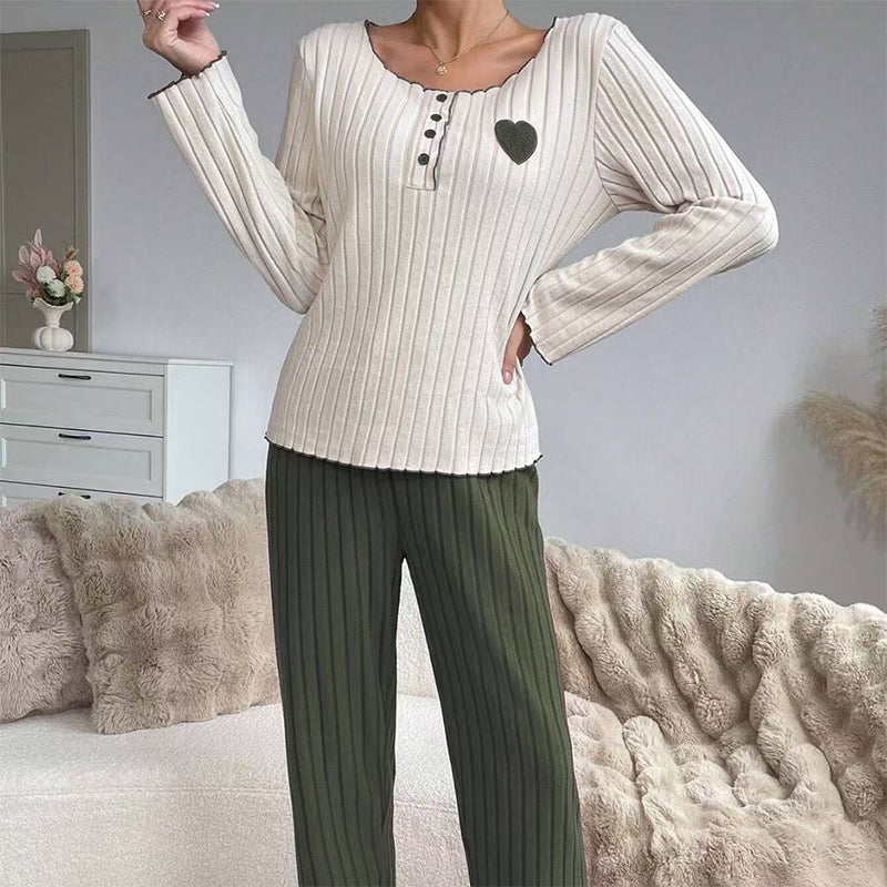 📢🎉50 % rabatt!!!🛍️✨Pyjamas-set med ribbad tröja för damer med hjärtbroderi