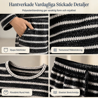 Set med avslappnad, löst sittande, randig långärmad topp med rund hals och byxor med dragsko för kvinnor – hemkläder
