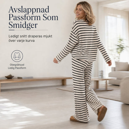 Set med avslappnad, löst sittande, randig långärmad topp med rund hals och byxor med dragsko för kvinnor – hemkläder