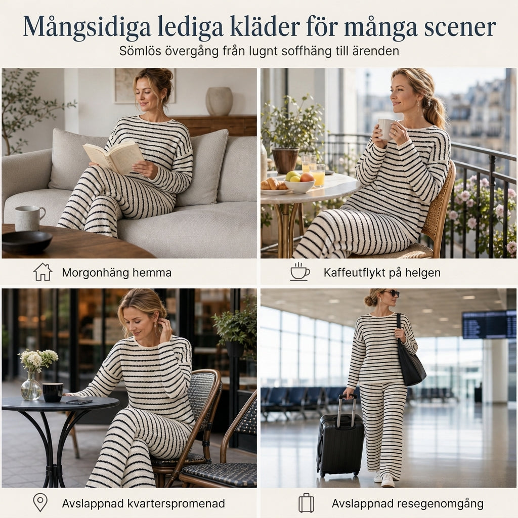 Set med avslappnad, löst sittande, randig långärmad topp med rund hals och byxor med dragsko för kvinnor – hemkläder