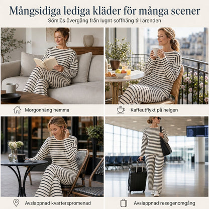 Set med avslappnad, löst sittande, randig långärmad topp med rund hals och byxor med dragsko för kvinnor – hemkläder