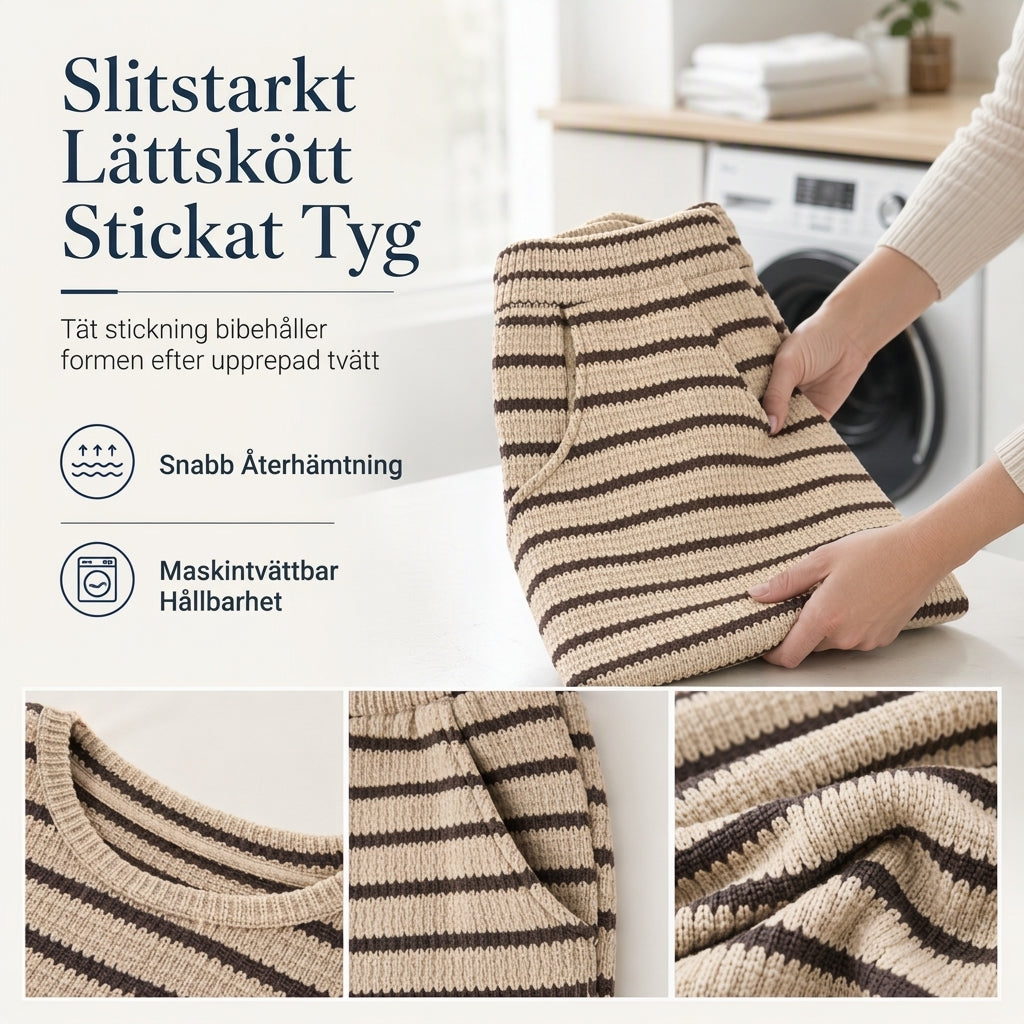 Set med avslappnad, löst sittande, randig långärmad topp med rund hals och byxor med dragsko för kvinnor – hemkläder