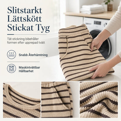 Set med avslappnad, löst sittande, randig långärmad topp med rund hals och byxor med dragsko för kvinnor – hemkläder