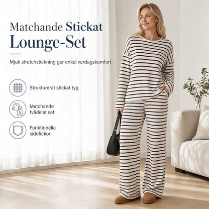 Set med avslappnad, löst sittande, randig långärmad topp med rund hals och byxor med dragsko för kvinnor – hemkläder
